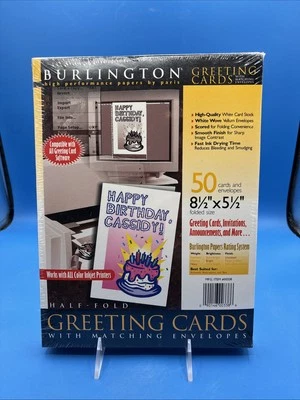 NUEVAS tarjetas de felicitación Burlington Ink Jet 50 en blanco medio pliegue con sobres #00338 Foto 1 de 4