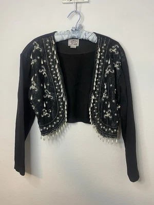 Chaqueta vintage Jou Jou talla mediana negra con cuentas de algodón bolero recortada LS ** Foto 1 de 4