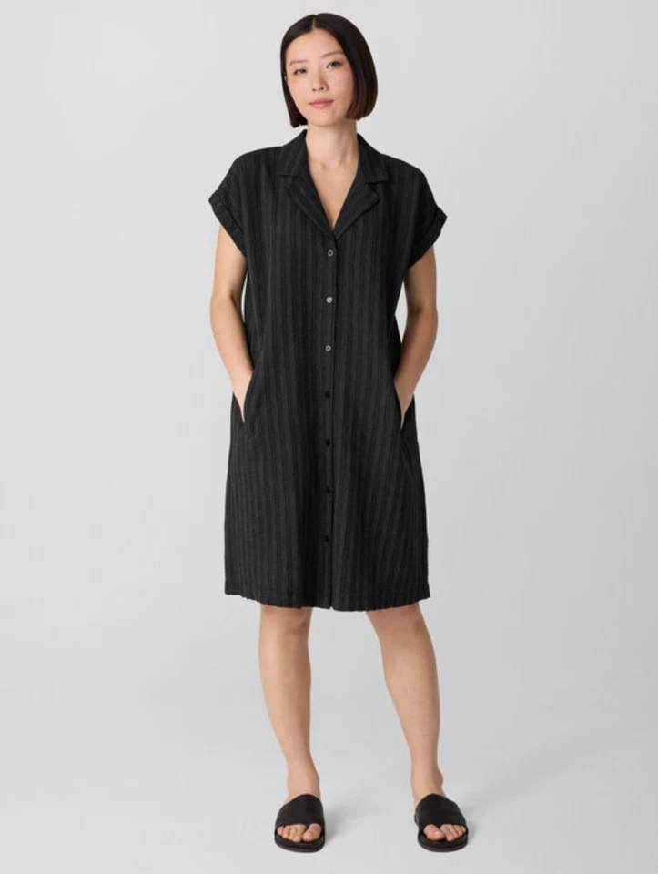 NUEVO CON ETIQUETAS Vestido Camisa Eileen Fisher Grande Negro Algodón Orgánico Muesca Cuello Bolsillos L Foto 1 de 4