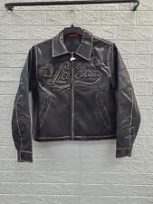New La Fam Distressed Long Sleeve Full Zip Leather Jacket Dark Brown Size XSmall