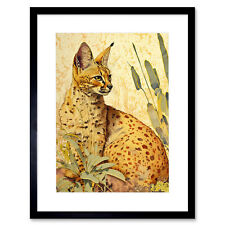 Serval Cat in Nature Bright Watercolour Framed Wall Art Print Picture 12X16