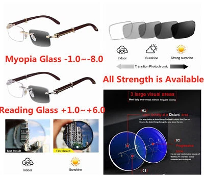 Vidro de leitura fotocromático bifocal multifocal madeira sem aro Rx Presc - Imagem 1 de 4