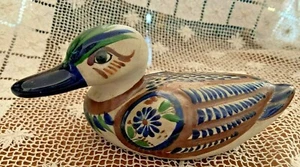 MEXICO TONALA POTTERY DUCK FOLK ART HAND PAINTED FLOWER & FEATHER DESIGN SIGNED - Picture 1 of 5
