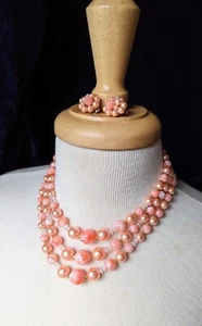 Vintage JAPAN Multi 3 Strand PEACH Swirl BEAD 18" NECKLACE Clip Earrings SET - Picture 1 of 11