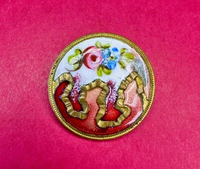 Antique 19th C.  Marked A.P. & Cie PARIS Floral Painted Enamel Gilt Brass Button - Image 1 of 2