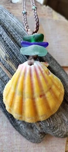 Handmade Sea Glass Sunrise Shell Necklace Men Women Sinew Braid Teen Amazing - Picture 1 of 9