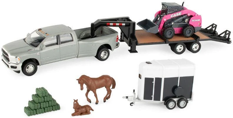Ertl Farm 1:32 Scale Dodge RAM 3500 + Case SV340B Pink + Horsetrailer - Image 1 of 1