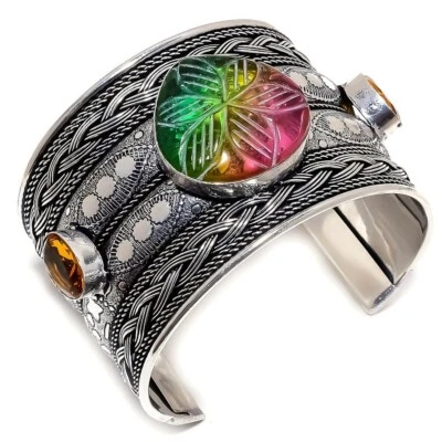 Brazalete brazalete de plata esterlina 925 tallado con topacio arco iris piedras preciosas hecho a mano joyería Foto 1 de 4