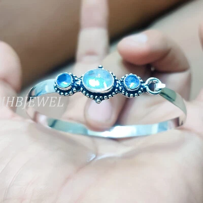 Brazalete brazalete de plata de ley 925 con piedras preciosas de topacio azul y piedra lunar regalo espacial Foto 1 de 4