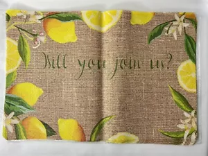 Set Of 6 Placemats “Will You Join Us” Burlap Lemon, Waterproof Indoor/Outdoor - Picture 1 of 2