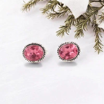 Pink Tourmaline Gemstone 925 Solid Silver Jewelry Partywear Cufflinks 0.6" Gift - Image 1 of 4