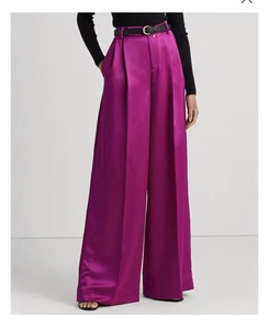 RALPH LAUREN Pants Women Sz 14 Pink Luxury Silk Wide Leg Pants Belted - Picture 1 of 9