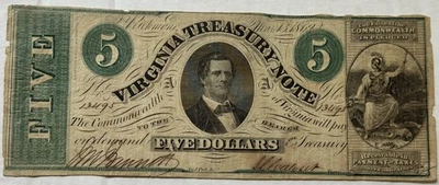 1862 $5 VIRGINIA TREASURY NOTE - ISSUED SIGNATURES, NICE COLOR, CR-13, VERY FINE - Image 1 of 2