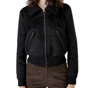 BARDOT Giacca Bomber Donna Shearling Small US 4 Nero Ecopelle Scamosciata Cropped Nuova con etichette - Foto 1 di 18