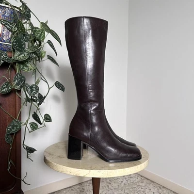 Vintage 90s 2000s brown long tall knee high pointed square toe leather boots 7 - Image 1 of 4