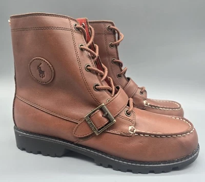 Hombres 7 Polo Ralph Lauren Ranger Botas Marrón Tostado Cuero Alto Correa Zapatos Logo Foto 1 de 4