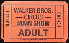 Walker Bros. Billet de spectacle principal adulte du cirque des années 40-50 inutilisé non daté