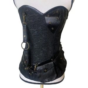 Black Lace Faux Leather  Trimmed Boned Sz M Lace back Zip Side Corset - Picture 1 of 13