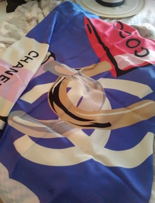 Chanel CC scarf pareo silk blue pink white black logo chain perfume bottle motif - Image 1 of 4