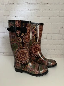 Corkys Tall Rain Boots size 6 Sunshine Swirl Mandala Design - Picture 1 of 9