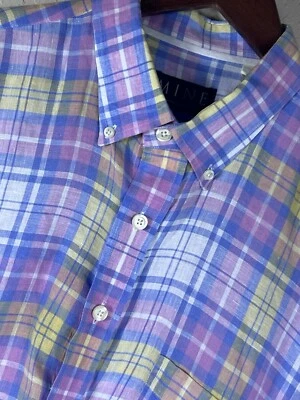 Mine Linen Shirt Mens Large Plaid Button up Milan London New York Pastel Button - Image 1 of 4