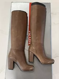 Prada Boots Mogano Cervo Shine Brown Leather Size 6.5 - Picture 1 of 8