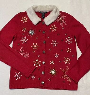 Suéter Feo Navidad Rojo Punto de Referencia Para Mujer Pequeño Copo de Nieve Piel Sintética Blinder Foto 1 de 4