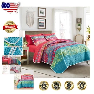 Lightweight 2-Piece Twin Size Bohemian Quilt Set - Colorful Striped Design - Picture 1 of 7
