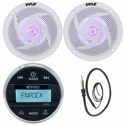 Enrock Marine Round AM/FM Radio, Marine Antenna, 5.25" Low Profile LED Speakers - Image 1 of 4