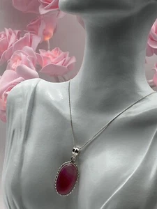 Sterling Silver 925 Pendant Necklace Pink Striped Onyx Oval 8.84g - Picture 1 of 7