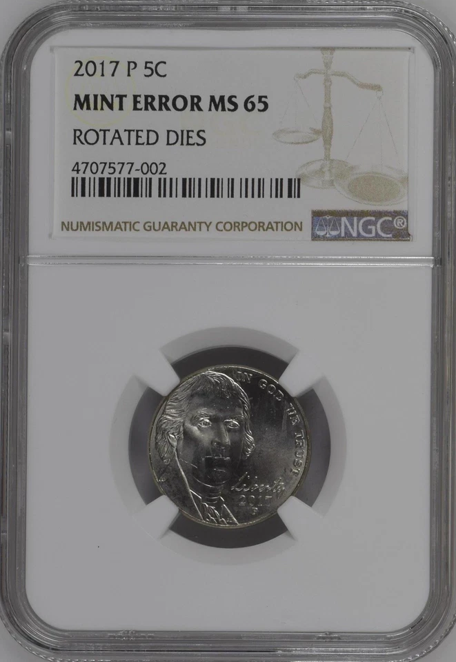 2017 P Jefferson 5¢ NGC Mint Error MS 65 Rotated Dies BX4-46 - Image 1 of 2