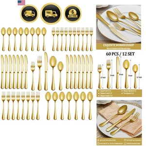 Stainless Steel Flatware Set Silverware Service for 12 Gold Silverware 60pcs - Picture 1 of 9