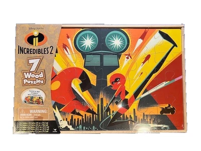 Disney Incredibles 2 Puzzles Wood Set of 7 with Storage Box Factory Sealed New - Image 1 of 4