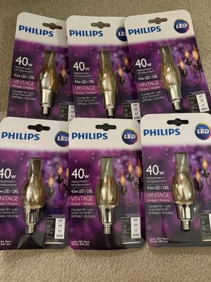 6-pack Philips 4.5W 40W LED Vintage Light Bulb Dimmable Chandelier BA11 E12 Base - Image 1 of 4