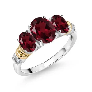 925 Sterling Silver and 10K Yellow Gold Rhodolite Garnet and Diamond 3 Stone - Picture 1 of 3