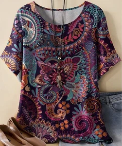 Brand New Size 26 (5XL) Vibrant Paisley Scoop Neck Top Blouse Purple Stretchy - Picture 1 of 5