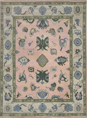 Hand Knotted Oushak Rug  Pink Green Blue Wool Traditional Modern Abstract - Image 1 of 4