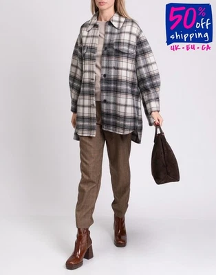 PVP €410 MAJE Abrigo Gavinima Talla 2 US6 M Mezcla Lana Tartán Cuello Cinturón Foto 1 de 4