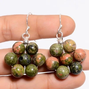 Natural Unakite Gemstone Handmade Beaded Dangle Earring Trendy Fashion Jewelry - Picture 1 of 9