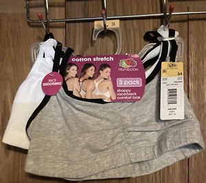 Fruit Loom Sport Bras sz 34 Blk/Gr/Wht 3pk strappy racerback Cotton PET RESCUE - Picture 1 of 5