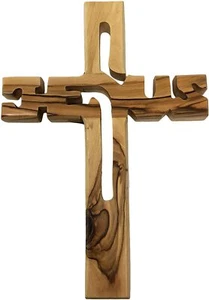 Olive Wood Handcrafted Jesus Wall Hanging Cross by Artisans - Picture 1 of 2