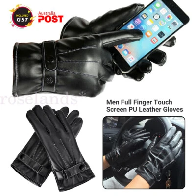 PU Leather Gloves Full Finger Mens Motorcycle Driving Winter Warm Touch Screen - image 1 of 4