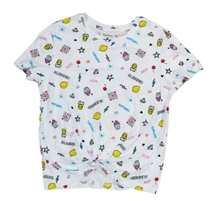 Rebellious One Knot Hem Doodling Graphic Print Short Sleeve T-Shirt S NWT White - Picture 1 of 1