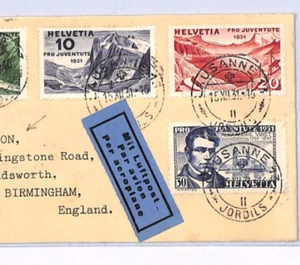 SWITZERLAND Cover 1931 *PRO-JUVENTUTE* Set W.T.Wilson Birmingham {samwells}XF18 - Picture 1 of 10