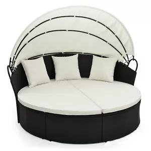 Patio Round Daybed with Retractable Canopy Rattan Sectional Seating Off White - Picture 1 of 9