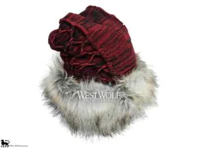 Silver Fox Faux Fur Viking Hat with Woven Wine Red Knit Top - Norse Santa/Norway - Image 1 of 4