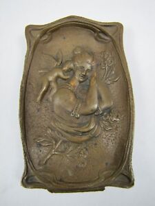 Antique Maiden Cherub Flowers Decorative Arts Bronze Tray Card Tip Trinket