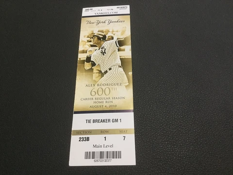 YANKEES 2012 TICKET STUB "TIE BREAKER" COVER: ALEX RODRIGUEZ 600TH HR~SGA Cover