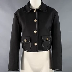 SANDRO Size 4 Black Gold Polyester Blend Peter Pan Collar Cropped Jacket Blazer - Picture 1 of 9