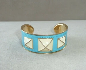 Rebecca Minkoff Blue Leather On Metal Cuff 3 Enamel Pyramid Studded Bracelet - Picture 1 of 5